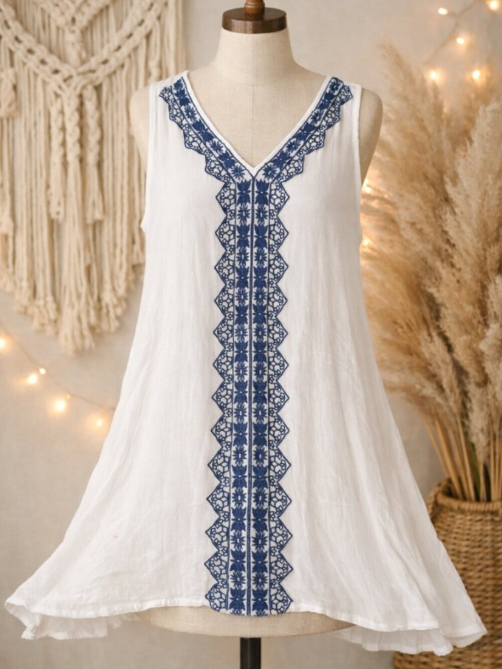 Cute Options Embroidered Semi‑Sheer Tunic Dress L Boho Festival Cottagecore